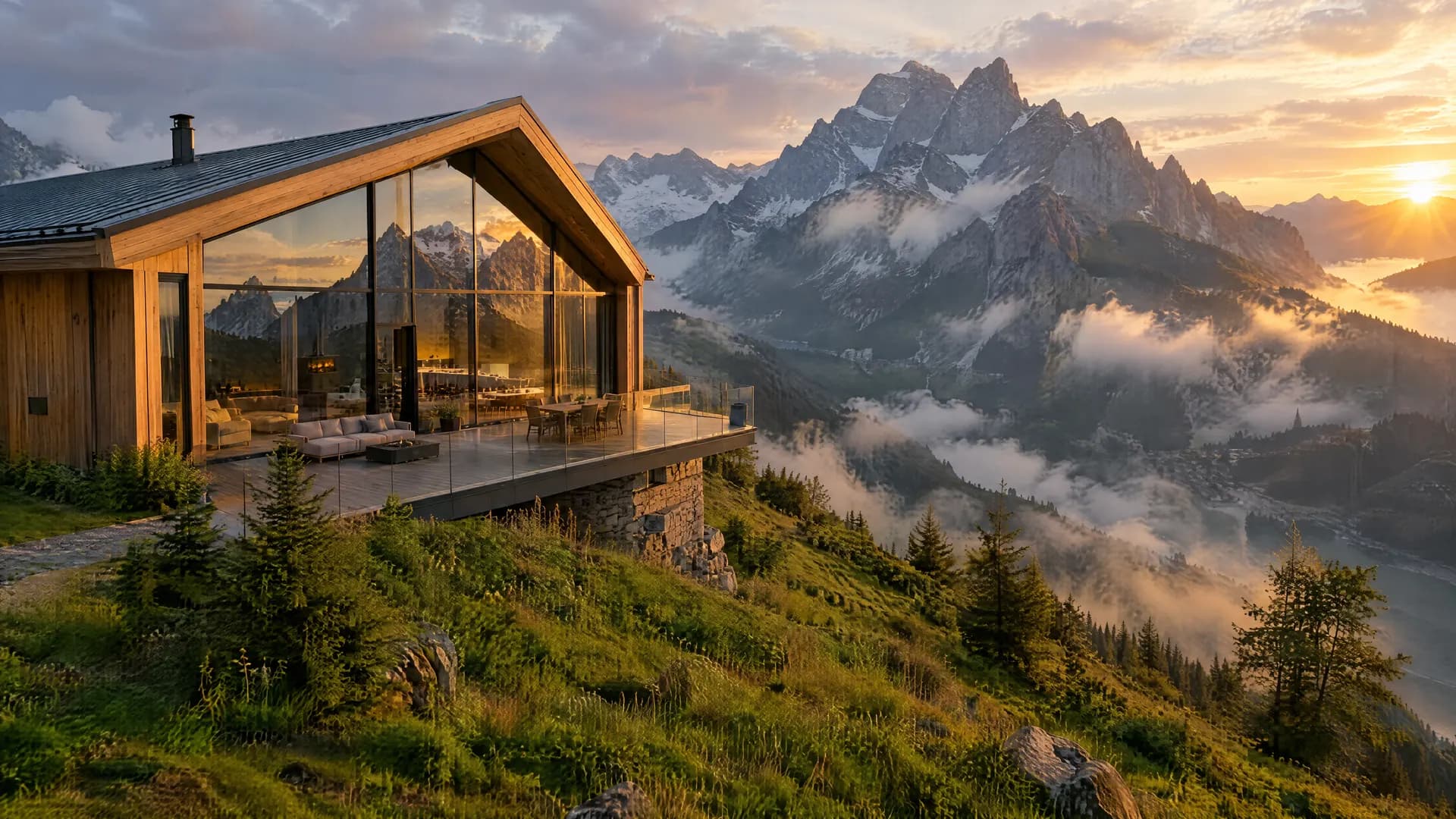 Chalet contemporan din lemn la apus, deasupra văii