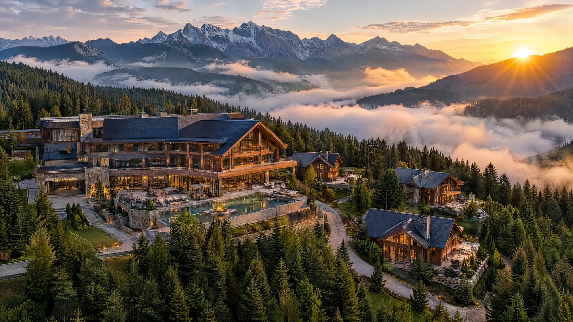 Vedere panoramică a complexului Carpathian Grand: corp principal și chalets în peisaj montan