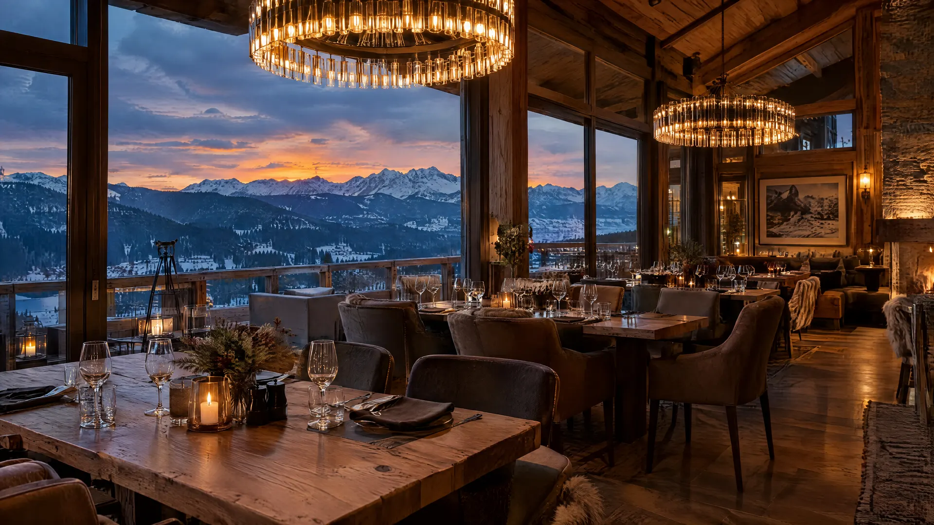 Restaurant cu candelabre, mese din lemn și apus peste creste
