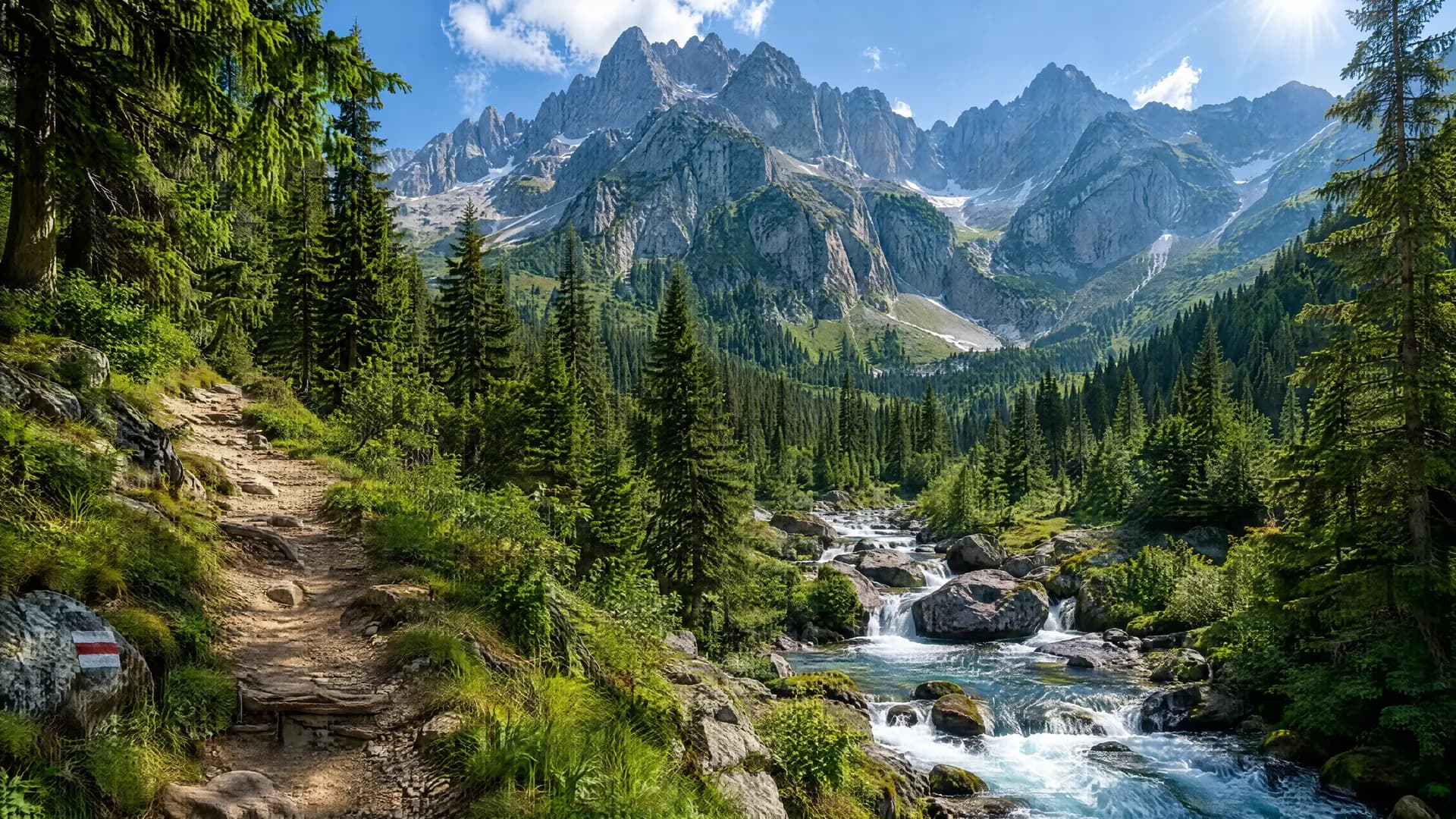 Traseu montan spre cascadă și creste alpine